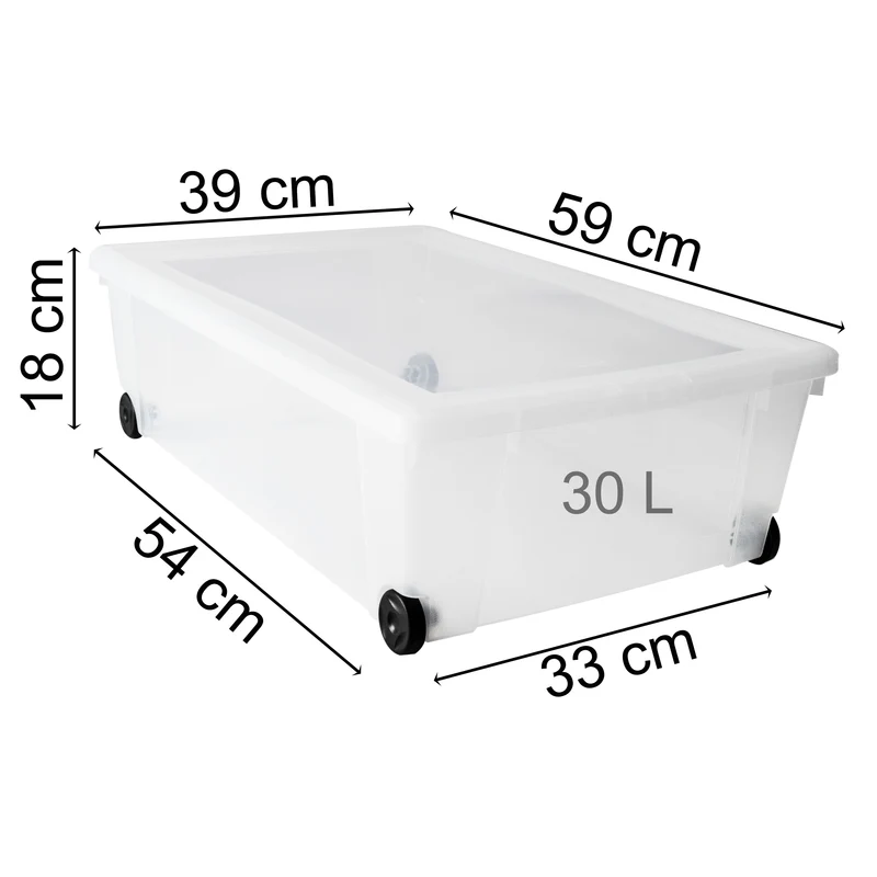3 x Unterbettkommode - Aufbewahrungsbox mit Deckel Rollen 30 Liter 59x39x18 cm transparent stapelbar LEBENSMITTELECHT - Rollbox Kunststoff Box Kiste - Plastik Organizer Büro Haushalt Kinderzimmer