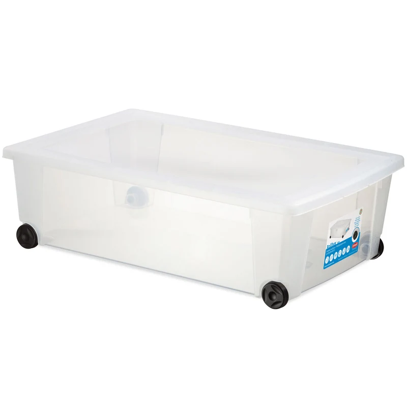 UNTERBETTKOMMODE - Aufbewahrungsbox mit Deckel und Rollen 30 Liter 59x39x18 cm transparent stapelbar LEBENSMITTELECHT - Rollbox Kunststoff Box Kiste - Plastik Organizer Büro Haushalt Kinderbox