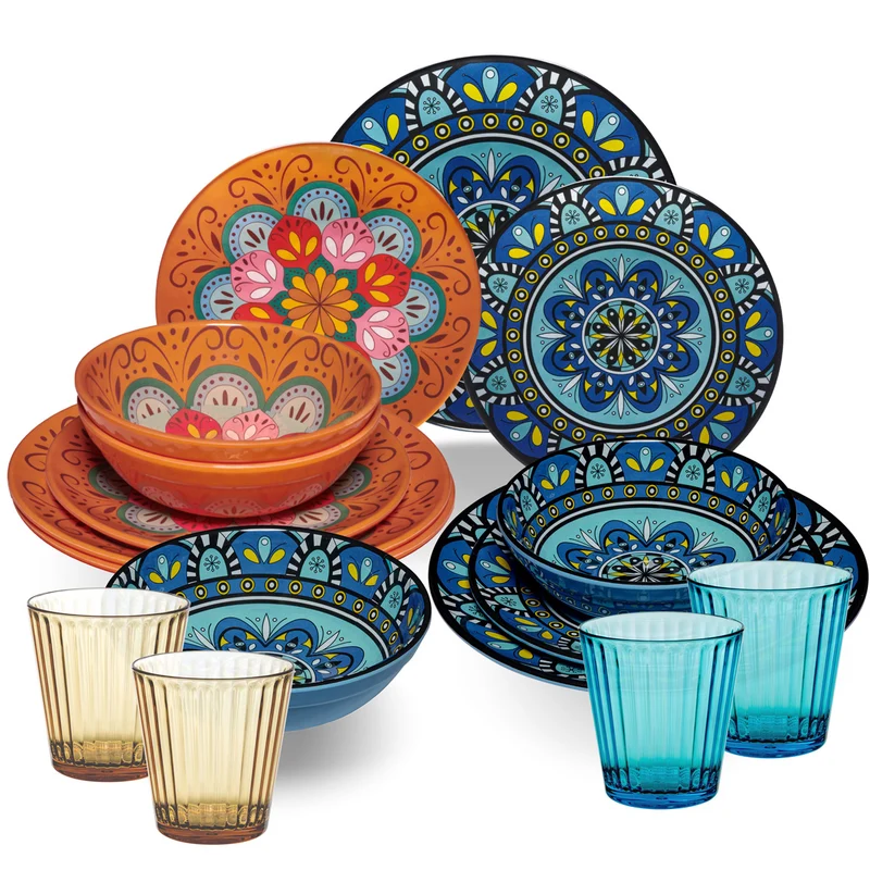 Melamin Geschirr Set Toskana Pastel für 4 Personen - 16 Teile - Orange-Blau - Mandala-Optik mit farblich passenden Trinkgläsern 360 ml aus Acryl Campinggeschirr