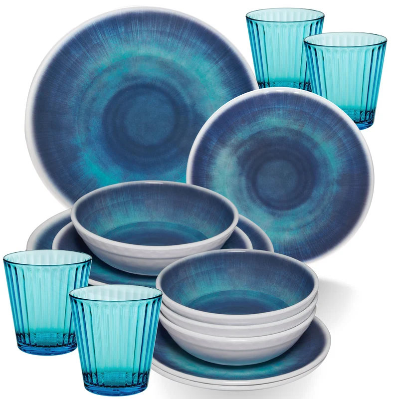 Melamin Geschirr Set Jesolo Blau für 4 Personen - 16 Teile - mit farblich passenden Trinkgläsern 360ml aus Acryl Campinggeschirr