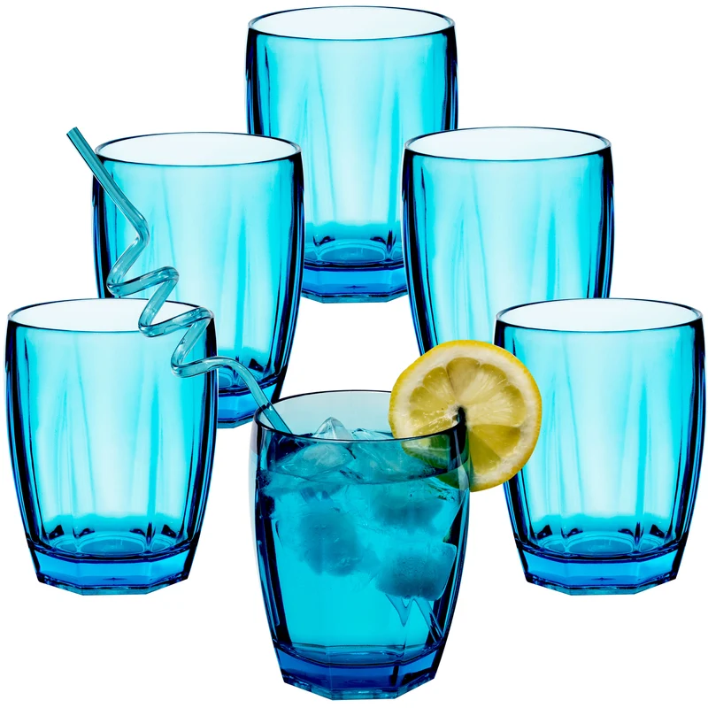 Melamin Geschirr Set Jesolo Blau für 6 Personen - 24 Teile - mit farblich passenden Trinkgläsern 320ml aus Acryl Campinggeschirr
