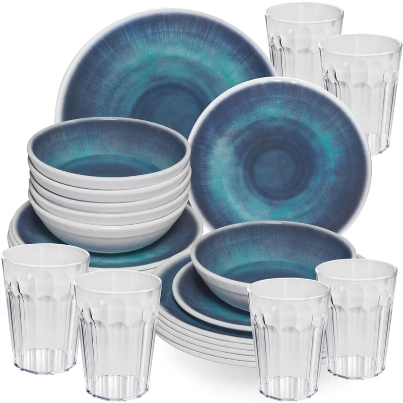 Melamin Geschirr Set Jesolo Blau für 6 Personen - 24 Teile - mit klarem Trinkglas 450ml aus Acryl Steingutoptik Campinggeschirr