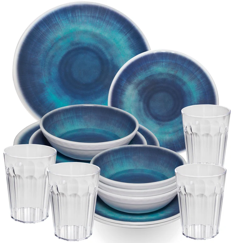 Melamin Geschirr Set Jesolo Blau für 4 Personen - 16 Teile - mit klarem Trinkglas 450ml aus Acryl Steingutoptik Campinggeschirr