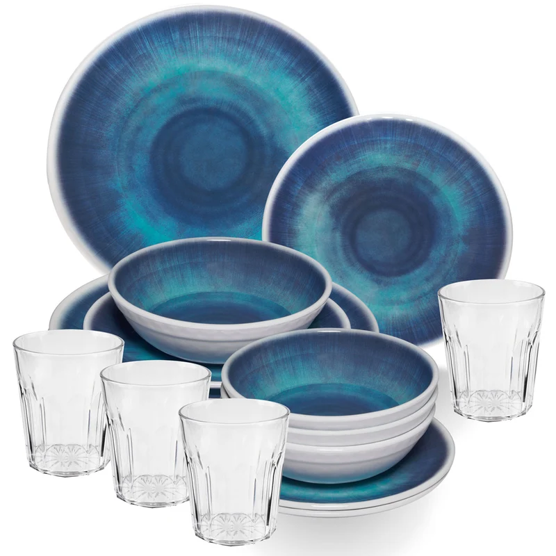 Melamin Geschirr Set Jesolo Blau für 4 Personen - 16 Teile - mit klarem Trinkglas 250ml aus Acryl Steingutoptik Campinggeschirr