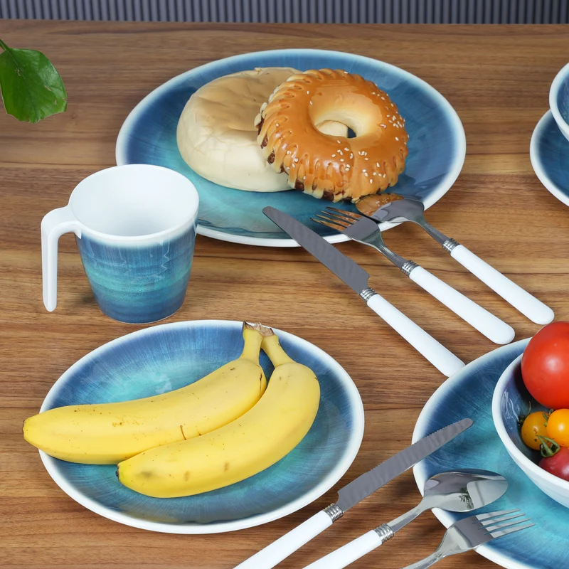 Melamin Geschirr Set Jesolo Blau für 4 Personen - 16 Teile - mit klarem Trinkglas 250ml aus Acryl Steingutoptik Campinggeschirr