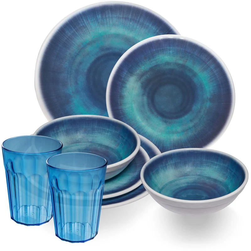 Melamin Geschirr Set Jesolo Blau für 2 Personen - 8 Teile - mit blauem Trinkglas 450ml aus Acryl Steingutoptik Campinggeschirr