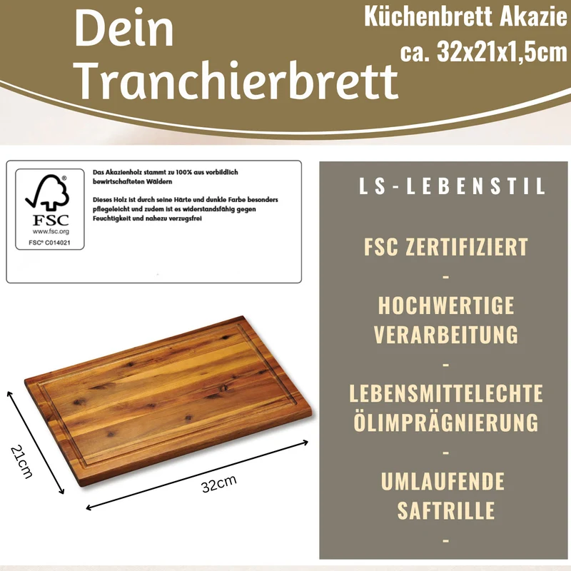 Profi Holz Schneidebrett Akazie 32x21x1,5cm Saftrille Küchenbrett Tranchierbrett