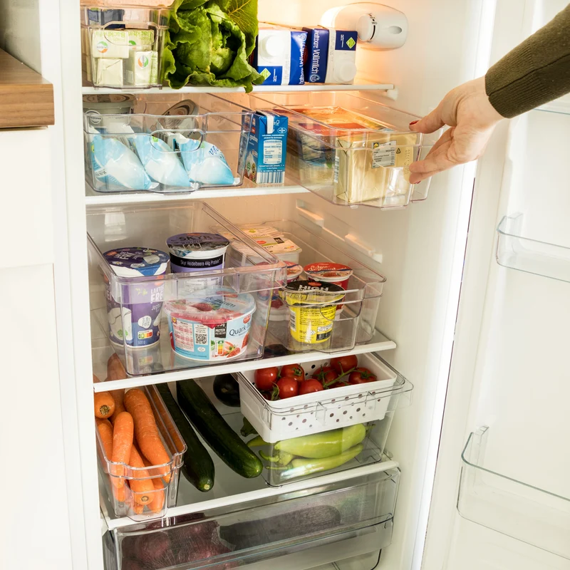 6x Kühlschrank-Organizer 31cm lang in 3 Größen durchsichtig stapelbar mit Griff - Aufbewahrungsbox Fridge Organizer Kühlschrankbox BPA-frei Speisekammer Vorratsschrank transparent Küchenschrank Box