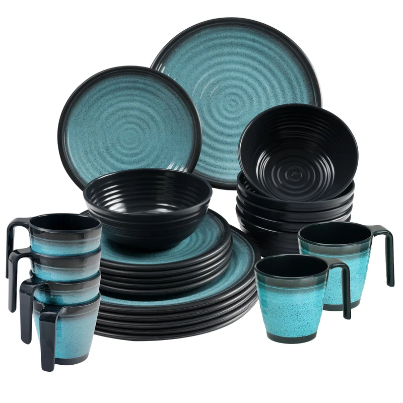 Melamin Geschirr Set 30 Teile elegante Steingut Optik in blau mit Tassen Wasserglas 260ml klar - für 6 Personen Essgeschirr Gläser Wasserglas Tumbler Whiskey Campinggeschirr Picknick Camping Outdoor