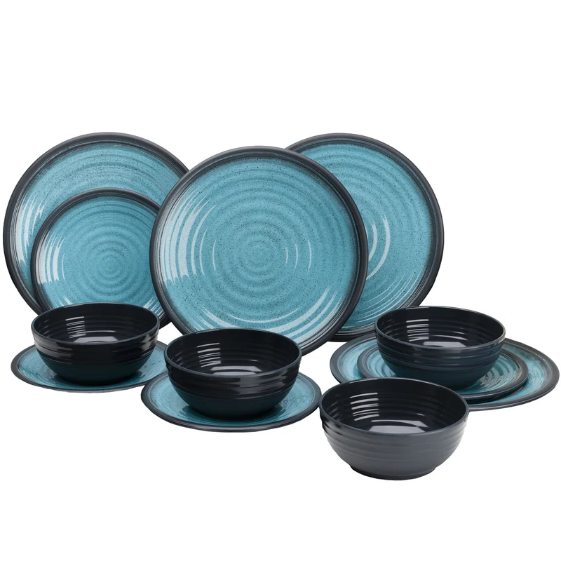 Melamin Geschirr Set 30 Teile elegante Steingut Optik in blau mit Tassen Wasserglas 260ml klar - für 6 Personen Essgeschirr Gläser Wasserglas Tumbler Whiskey Campinggeschirr Picknick Camping Outdoor