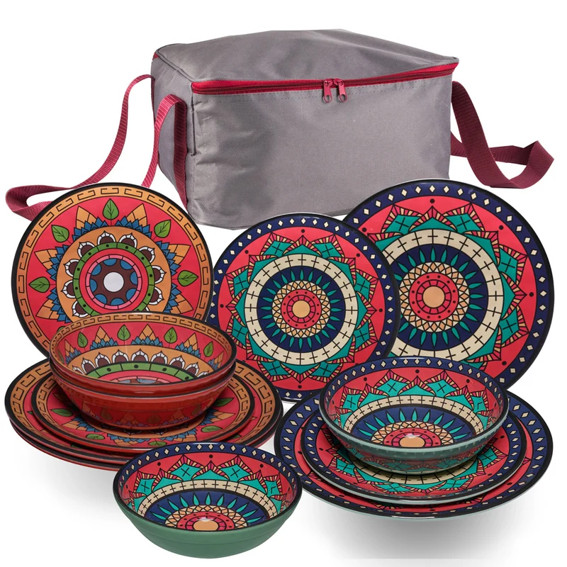 Melamin Geschirr Set Toskana Deep für 4 Personen - 13 Teile mit Tasche - Rot-Grün - Mandala-Optik Campinggeschirr