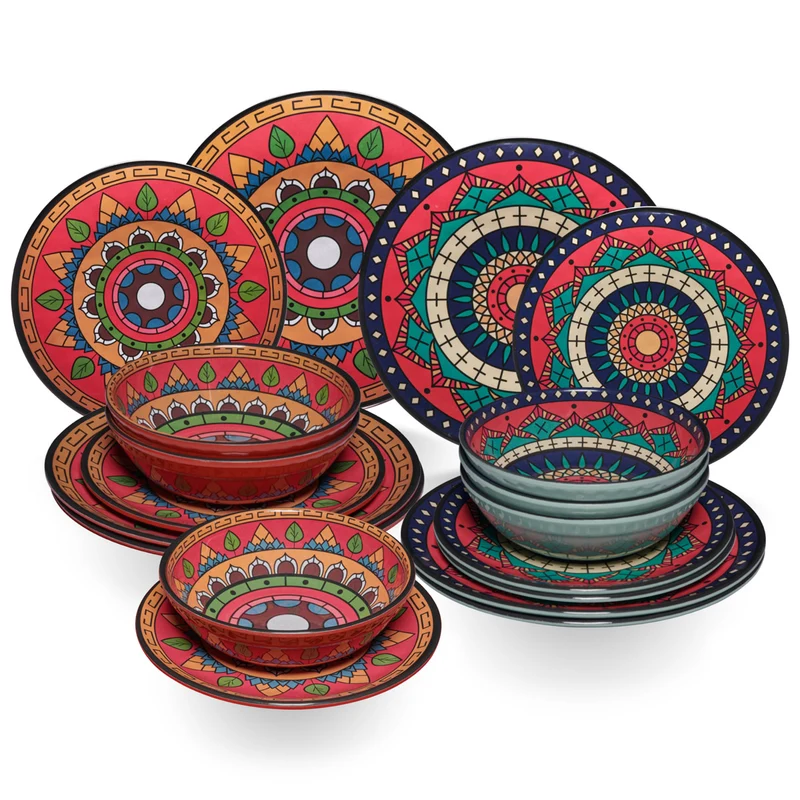 Melamin Geschirr Set Toskana Deep für 6 Personen - 18 Teile - Rot-Grün - Mandala-Optik Essgeschirr Campinggeschirr