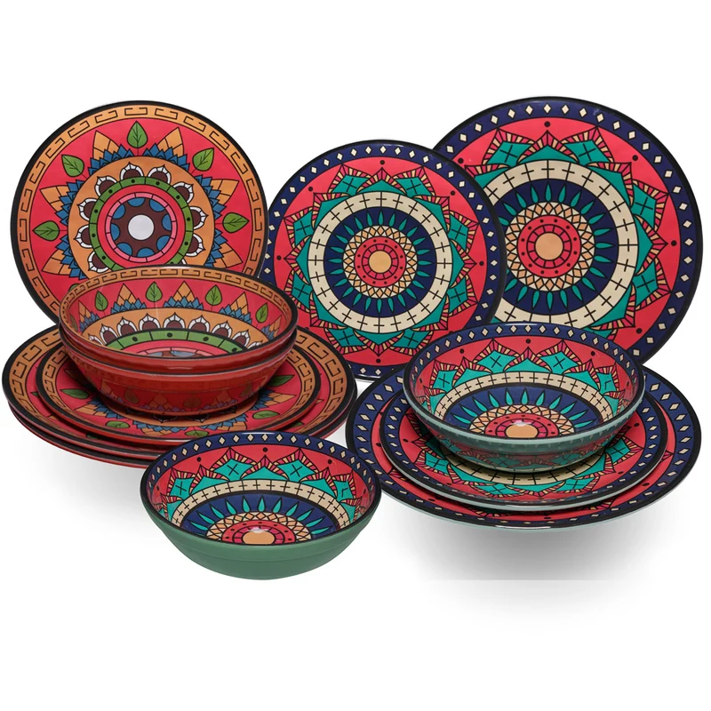Melamin Geschirr Set Toskana Deep für 4 Personen - 12 Teile - Rot-Grün - Mandala-Optik Campingzubehör Campinggeschirr