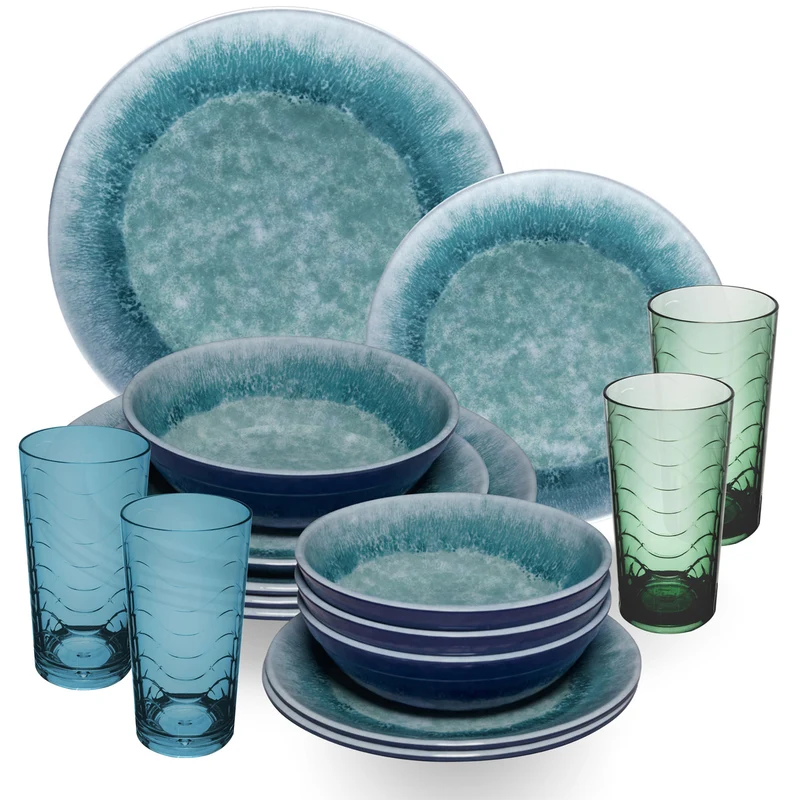 Melamin Geschirr Set Adria Blue für 4 Personen - 16 Teile Blau - mit farblich passenden Trinkgläsern 260 ml aus Acryl Steingutoptik Campinggeschirr