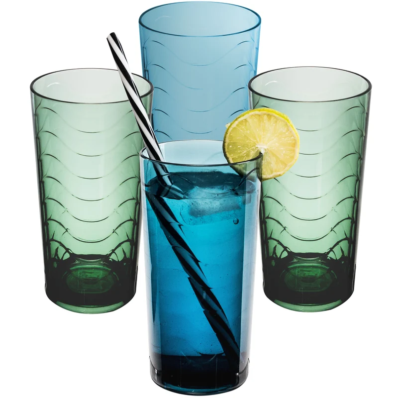 Melamin Geschirr Set Adria Blue für 2 Personen - 8 Teile Blau - mit farblich passenden Trinkgläsern 260 ml aus Acryl Steingutoptik Campinggeschirr Camping