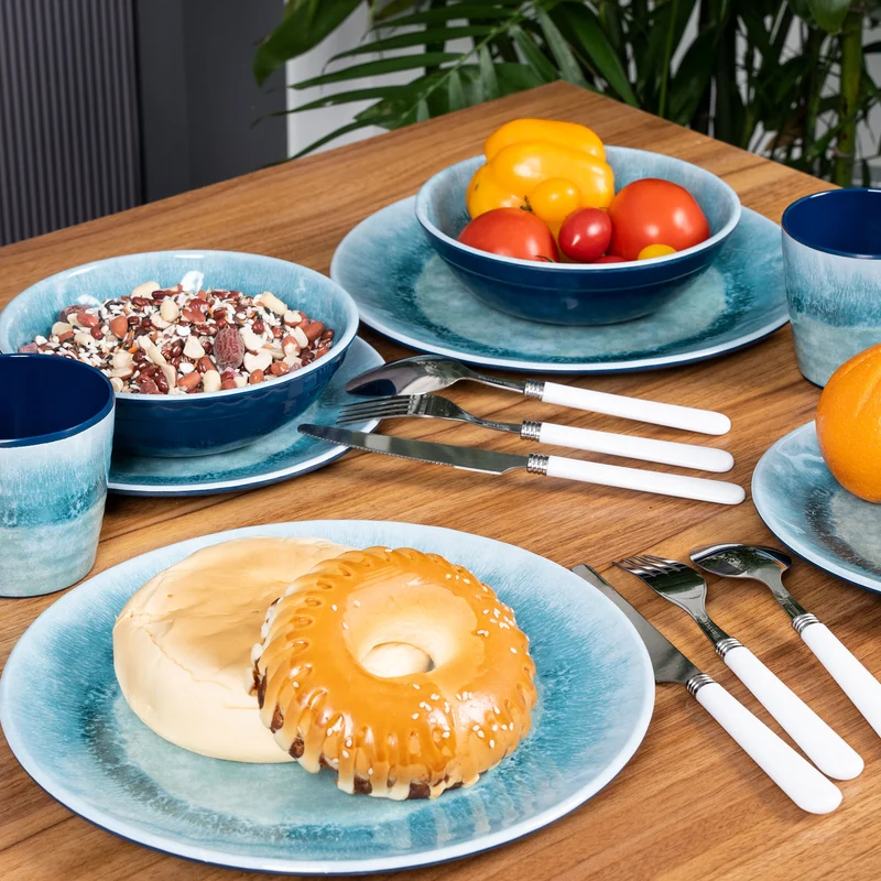 Melamin Geschirr Set Adria Blue für 2 Personen - 8 Teile Blau - mit farblich passenden Trinkgläsern 260 ml aus Acryl Steingutoptik Campinggeschirr Camping