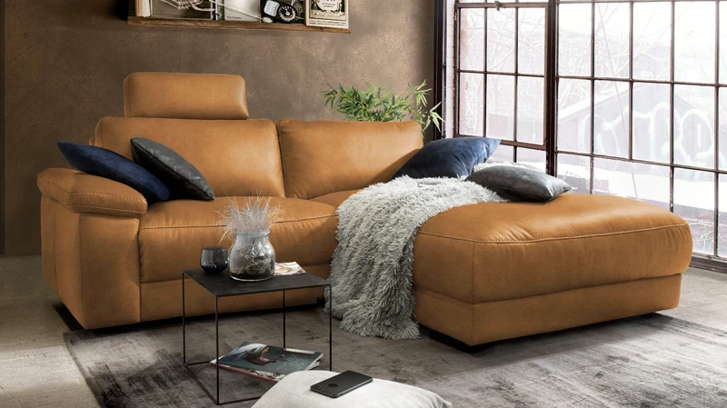 KAWOLA Sofa LOLA Ecksofa Stoff cognac mit motorischer Relaxfunktion