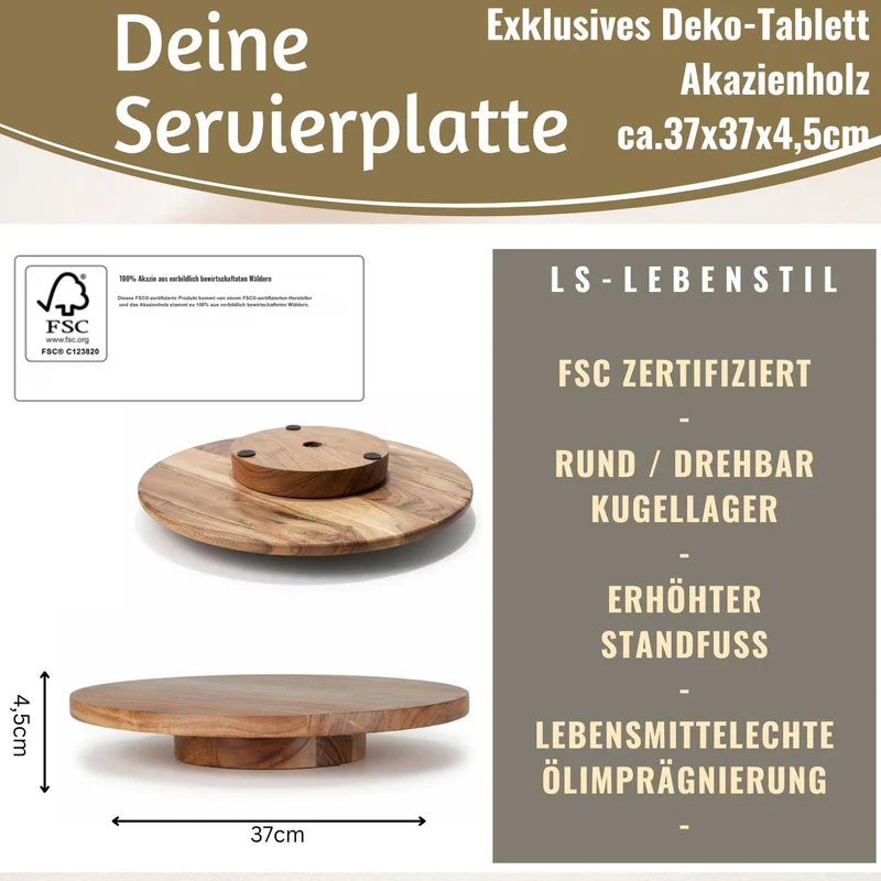 Premium Holz Servierplatte 37cm Akazie Drehteller drehbar Drehtablett Drehplatte