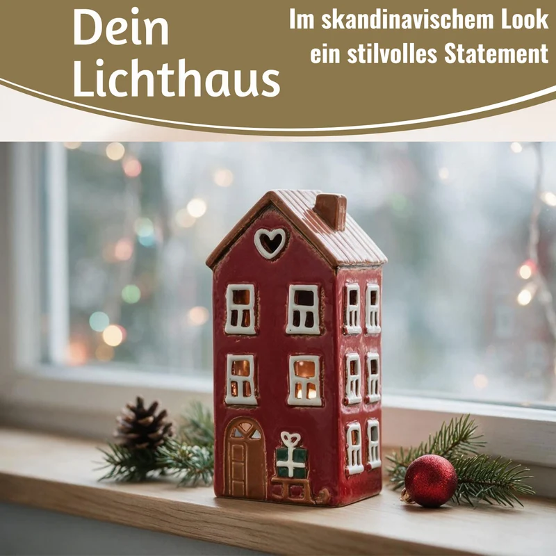 Teelichthaus Lichterhaus Nyhavn 20cm Rot Schwarz Keramik Fachwerkhaus Teelichthalter