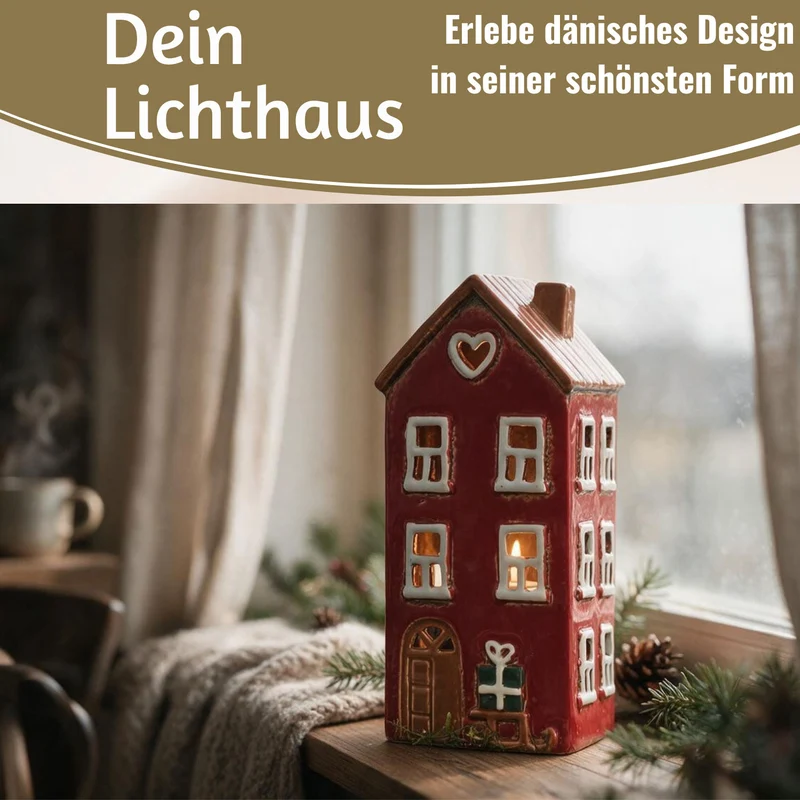 Teelichthaus Lichterhaus Nyhavn 20cm Rot Schwarz Keramik Fachwerkhaus Teelichthalter