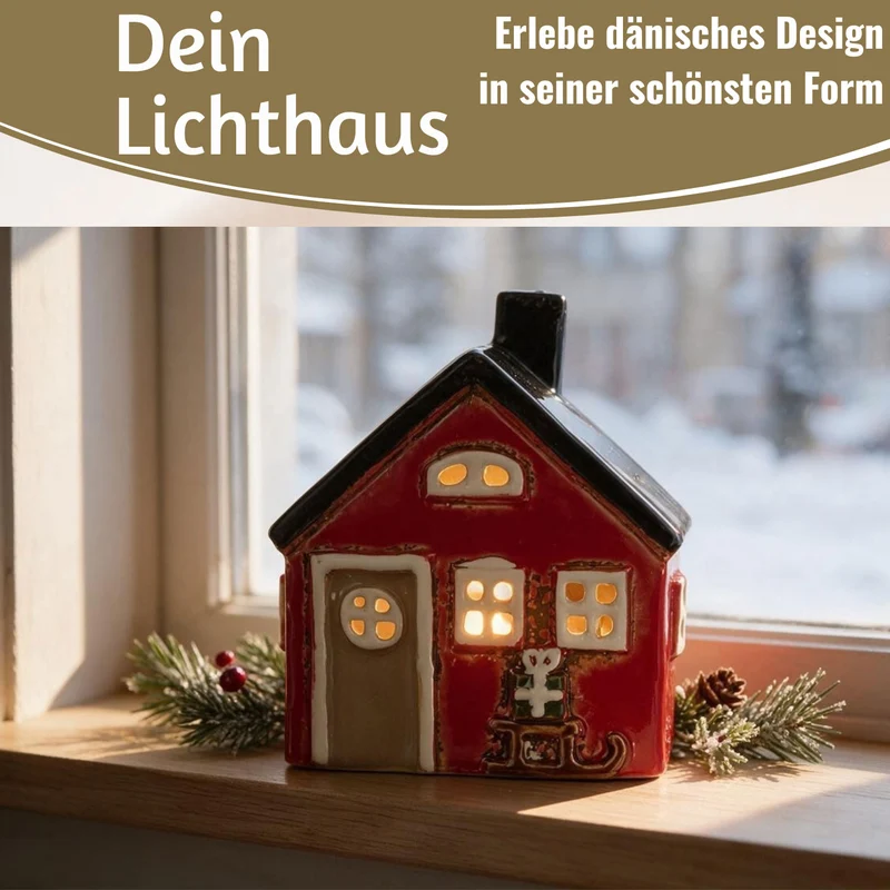 Teelichthaus Lichterhaus Nyhavn 10cm Rot Schwarz Keramik Fachwerkhaus Teelichthalter