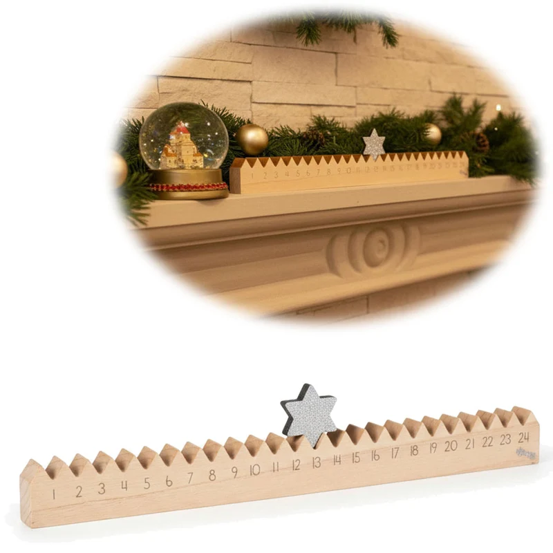 Vintage Holz Adventskalender gehender Stern Silber glänzend 50cm Countdown Xmas Deko
