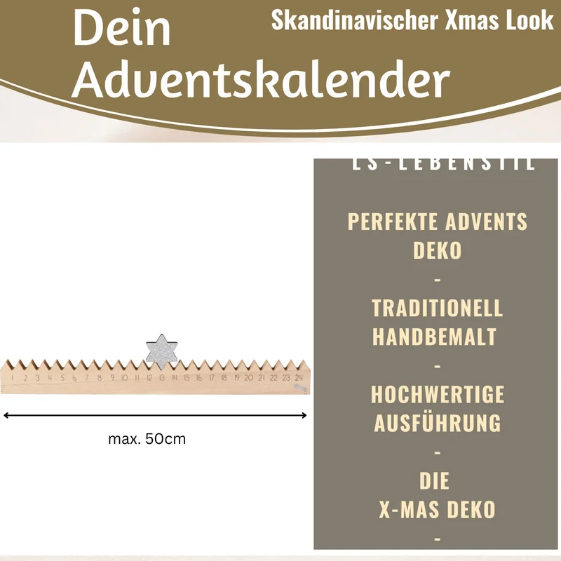 Vintage Holz Adventskalender gehender Stern Silber glänzend 50cm Countdown Xmas Deko