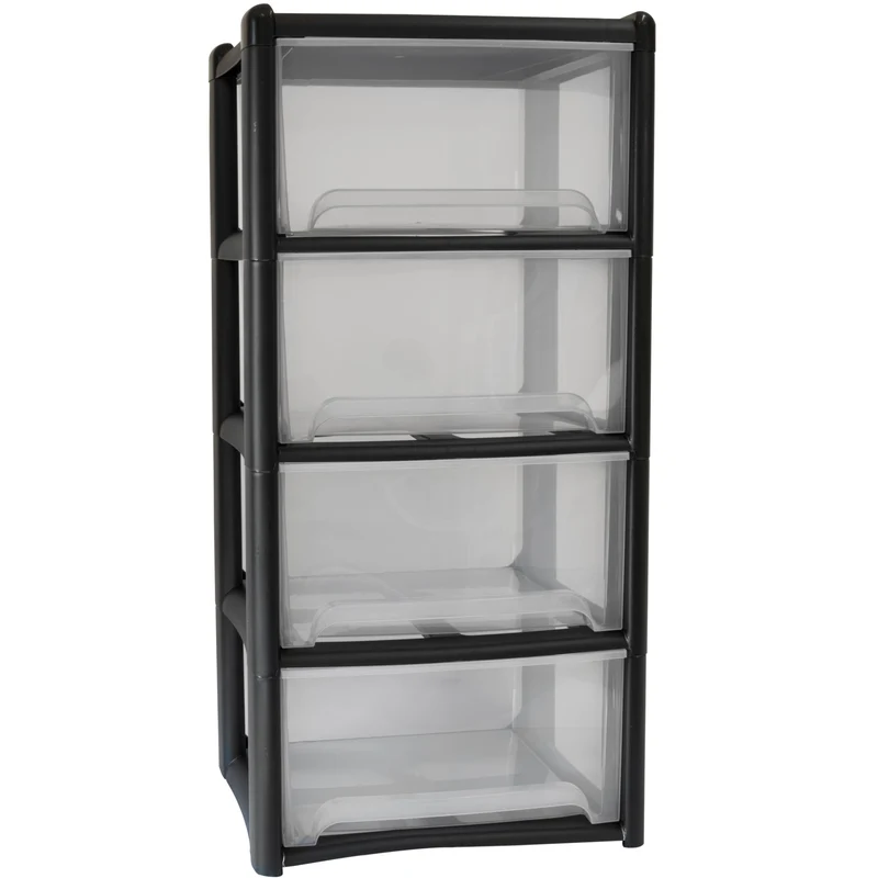 Schubladenbox mit 4 Schubladen 38x38x79 cm - schwarz-transparent Kunststoff Drawer Tower Box Organizer für Schreibtisch Easy-Pull-System