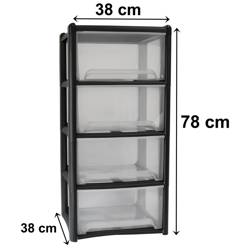 Schubladenbox mit 4 Schubladen 38x38x79 cm - schwarz-transparent Kunststoff Drawer Tower Box Organizer für Schreibtisch Easy-Pull-System