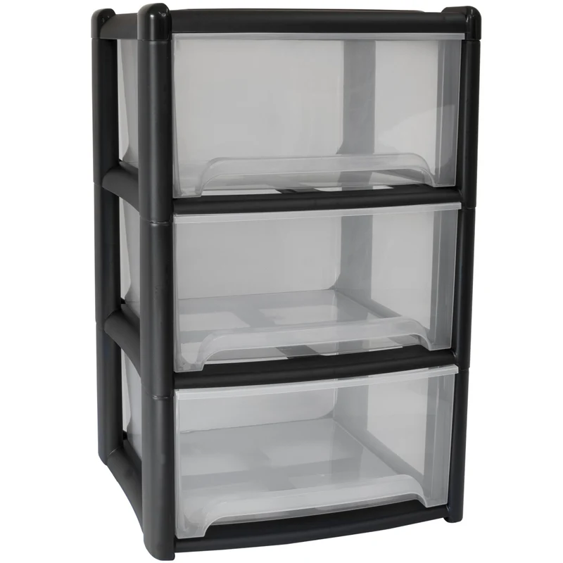 Schubladenbox mit 3 Schubladen 38x38x61 cm - schwarz-transparent Kunststoff Drawer Tower Box Organizer für Schreibtisch Easy-Pull-System