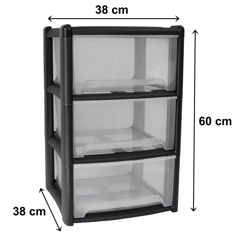 Schubladenbox mit 3 Schubladen 38x38x61 cm - schwarz-transparent Kunststoff Drawer Tower Box Organizer für Schreibtisch Easy-Pull-System