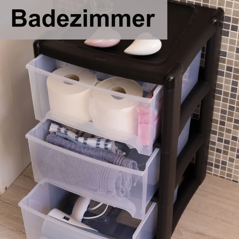 Schubladenbox mit 3 Schubladen 38x38x61 cm - schwarz-transparent Kunststoff Drawer Tower Box Organizer für Schreibtisch Easy-Pull-System