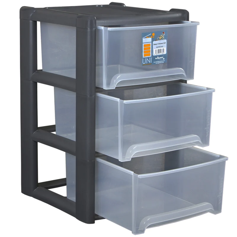 Schubladenbox mit 3 Schubladen 38x38x61 cm - schwarz-transparent Kunststoff Drawer Tower Box Organizer für Schreibtisch Easy-Pull-System