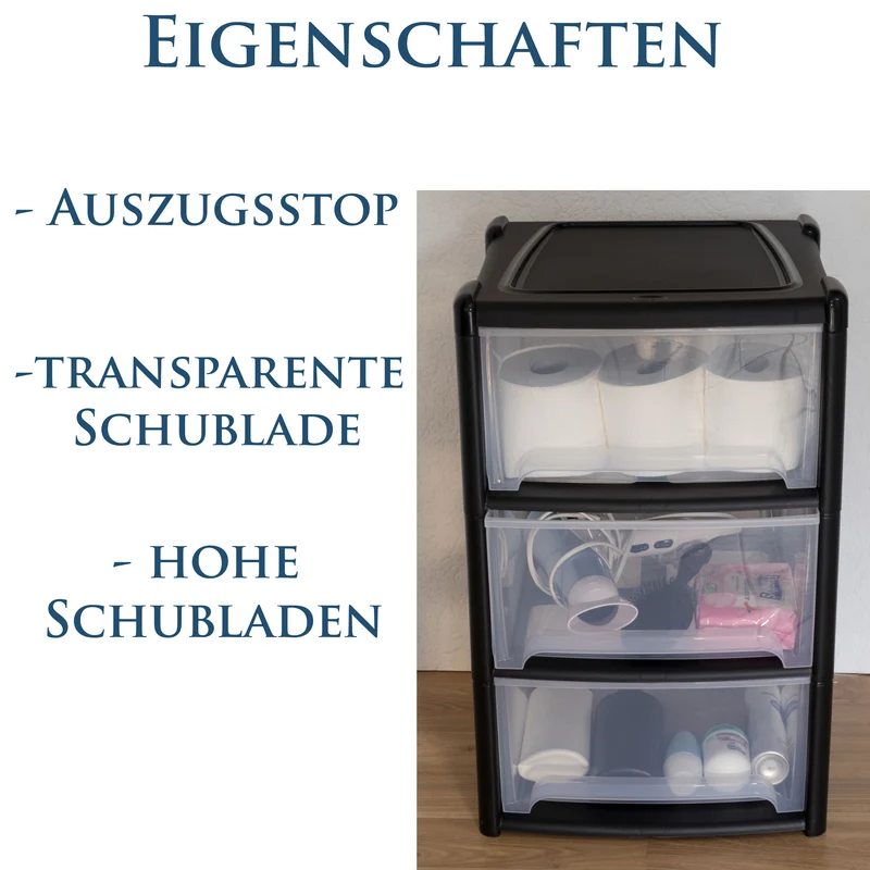 Schubladenbox mit 3 Schubladen 38x38x61 cm - schwarz-transparent Kunststoff Drawer Tower Box Organizer für Schreibtisch Easy-Pull-System