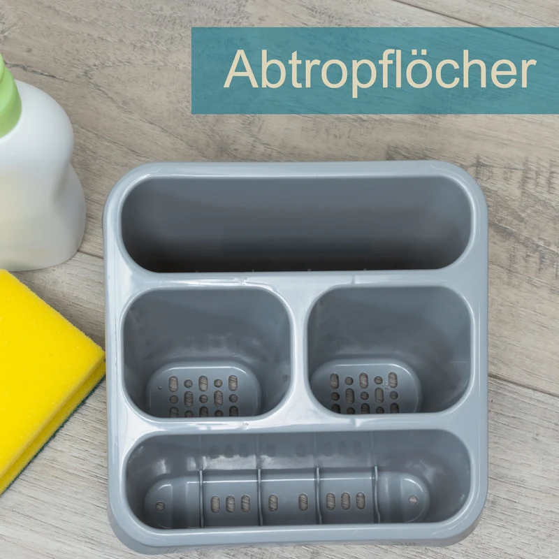 Spülbecken Organizer Grau 17x17x12 cm Sink Caddy Spülmittelorganizer Besteckabtropfbehälter Schwammhalter Küchen Utensilien Organizer Küchenorganizer Spüle Mit Abflusslöcher Kunststoff