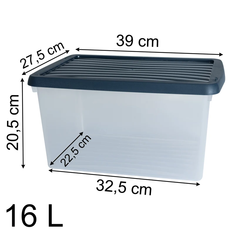 AUFBEWAHRUNGSBOX - 16 Liter - DINA4-Format mit Deckel - 39x27,5x20,5cm - transparent Navy Blau - stapelbar - Kunststoff Box Stapelkiste Büro Storage Aufbewahrung