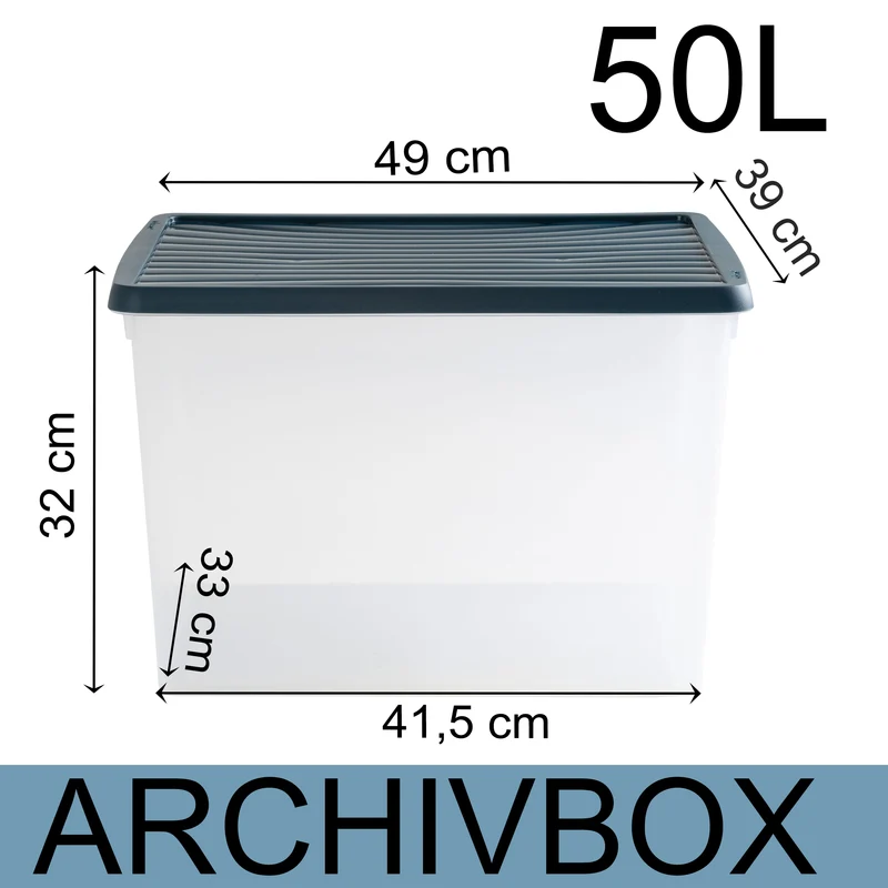 AUFBEWAHRUNGSBOX - 50 Liter - Archivbox für 6 Aktenordner DINA4-Format 49x38,5x32 cm - transparent Navy Blau - stapelbar - Archivkiste Kunststoff Box Stapelkiste Büro Storage Aufbewahrung