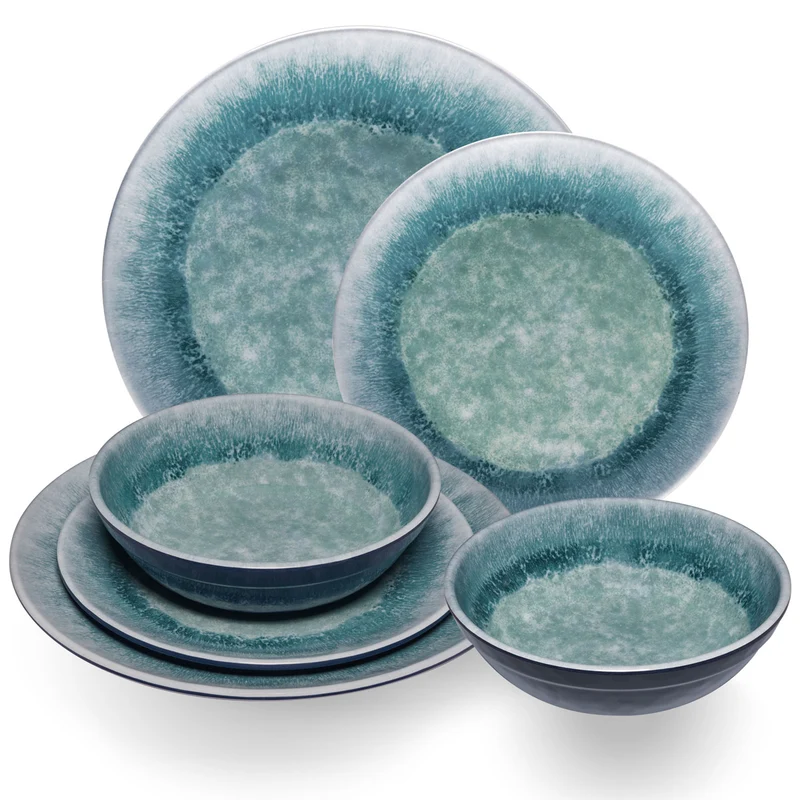 Melamin Geschirr Set Adria Blue für 2 Personen - 6 Teile Blau - Steingutoptik Essgeschirr Campinggeschirr Camping
