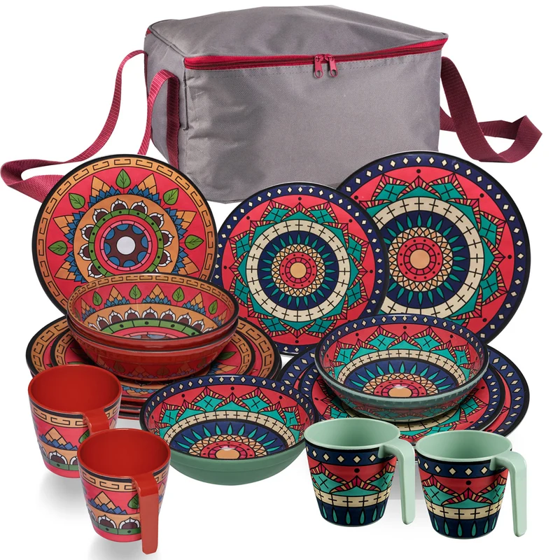 Melamin Geschirr Set Toskana Deep für 4 Personen - 17 Teile mit Tasche - Rot-Grün - Mandala-Optik Campinggeschirr