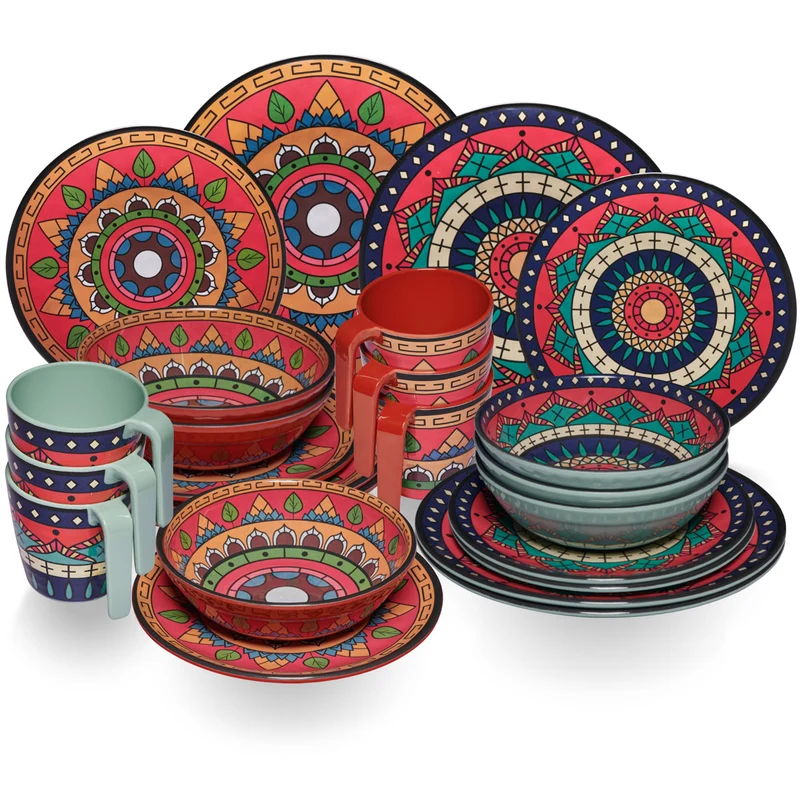 Melamin Geschirr Set Toskana Deep für 6 Personen - 24 Teile - Rot-Grün - Mandala-Optik mit Tassen Essgeschirr Campinggeschirr