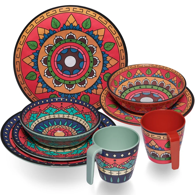 Melamin Geschirr Set Toskana Deep für 2 Personen - 8 Teile - Rot-Grün - Mandala-Optik Essgeschirr Campinggeschirr