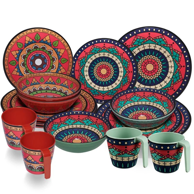 Melamin Geschirr Set Toskana Deep für 4 Personen - 16 Teile - Rot-Grün - Mandala-Optik Campingzubehör Campinggeschirr