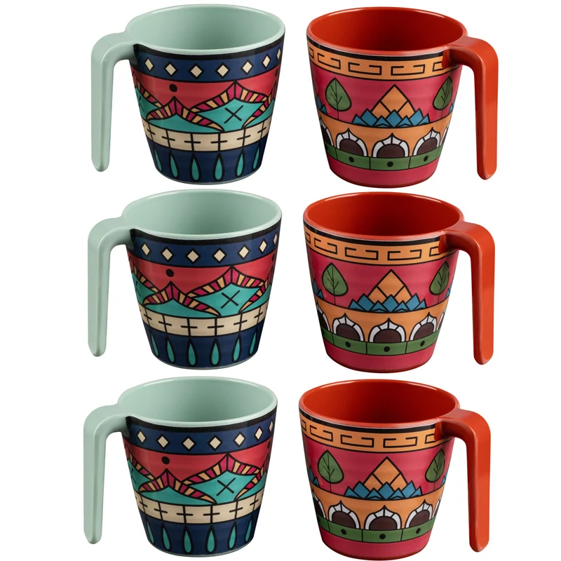6 Stück Melamin Tassen 350 ml ideal für Camping 6 Personen - Toskana Deep - Stapelbar - Steingutoptik Mandala Trinkbecher Kaffeetasse Kaffeebecher