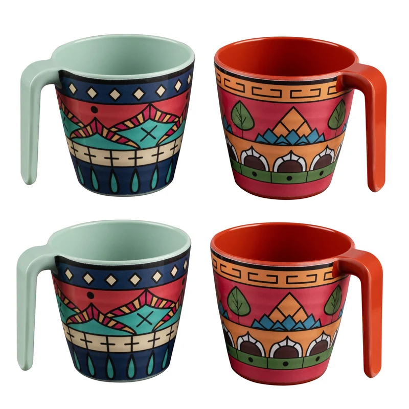 4 Stück Melamin Tassen 350 ml ideal für Camping 4 Personen - Toskana Deep - Stapelbar - Steingutoptik Mandala Trinkbecher Kaffeetasse Kaffeebecher
