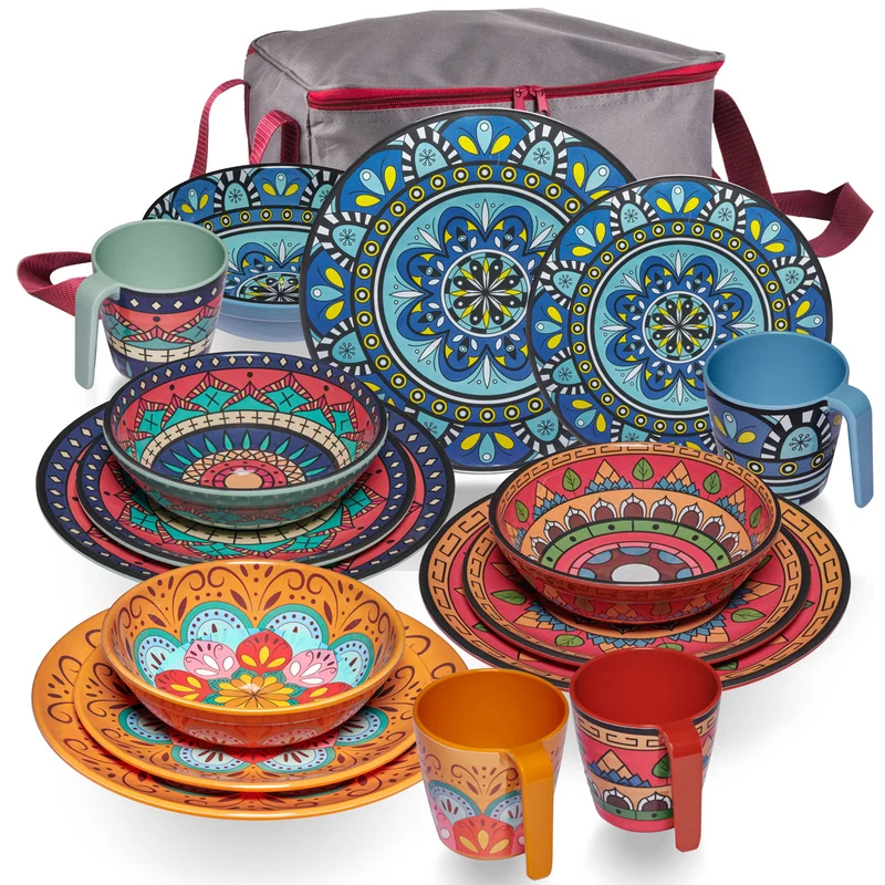 Melamin Geschirr Set Toskana für 4 Personen - 17 Teile mit Tasche - BUNT - Mandala-Optik Campinggeschirr