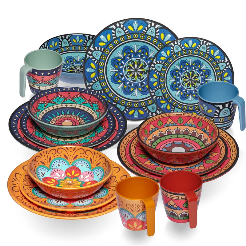 Melamin Geschirr Set Toskana für 4 Personen - 16 Teile - BUNT - Mandala-Optik Essgeschirr Campinggeschirr