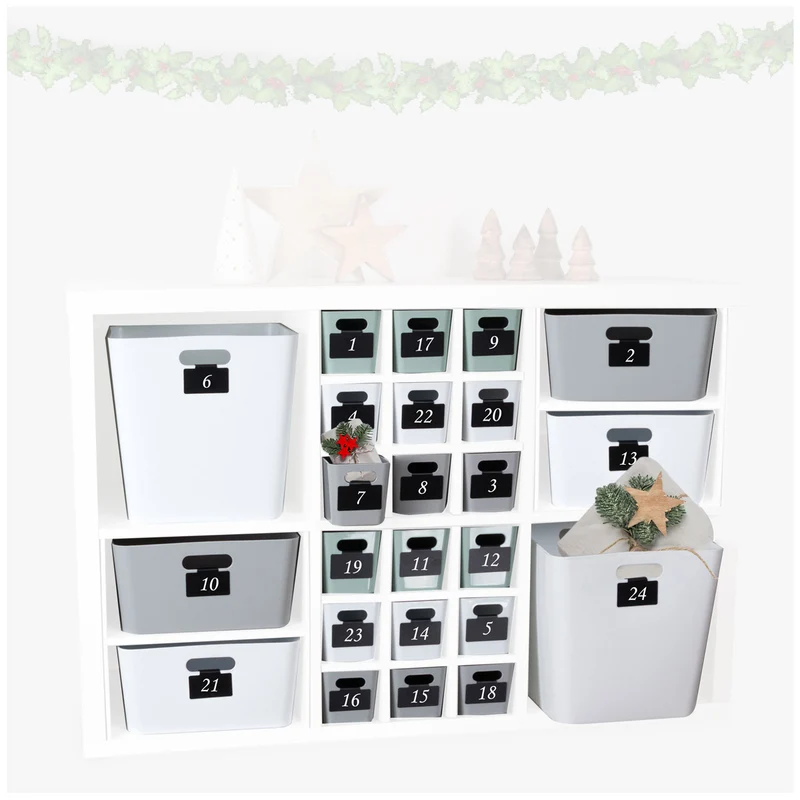 24 Boxen für einen DIY Adventskalender mit Beschriftungsclips für einen Würfelregal - zum Befüllen nachhaltig wiederverwendbar für die ganze Familie