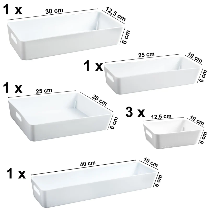 Schubladen Organizer - 6 cm hoch - 7 Teile in 5 Größen - für 48x40 Schublade Aufbewahrungsbox weiß - Ordnungssystem