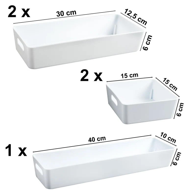 Schubladen Organizer - 6 cm hoch - 5 Teile in 3 Größen - für 40x40 Schublade Aufbewahrungsbox weiß - Ordnungssystem Ordnungsbox Körbchen Box