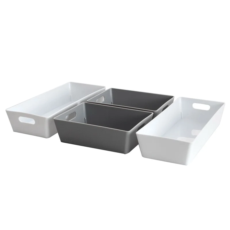 Schubladen Organizer - 4 Teile - 5 cm hoch - weiß-grau - Boxen in 2 Größen - Schubladeneinsatz passend für Schubladen von 40 x 25 cm Organizer Set Ordnungssystem Aufbewahrung Aufbewahrungskorb Ordnung Schublade Schrank Schreibtisch